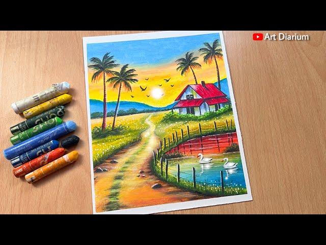 How to Draw a Peaceful Morning Village Scenery with Oil Pastels - for Beginners