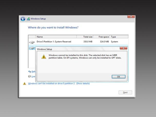 Windows cannot be installed to this disk. the selected disk has an MBR partition table