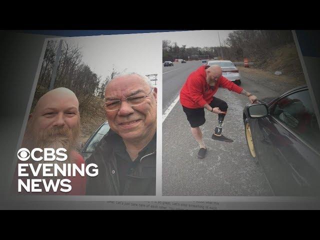 Colin Powell gets roadside assistance from a fellow veteran