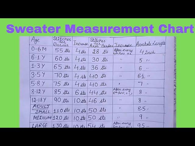 Sweater Measurement Chart for 0-18 year and adults. #knitting #handmade