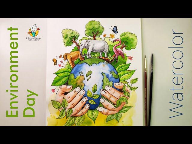 Environment Day 2024 Watercolor and Pen Illustration Step By Step Drawing & Painting Video