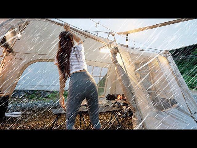 Solo camping in torn and broken tent in pouring heavy rain ASMR