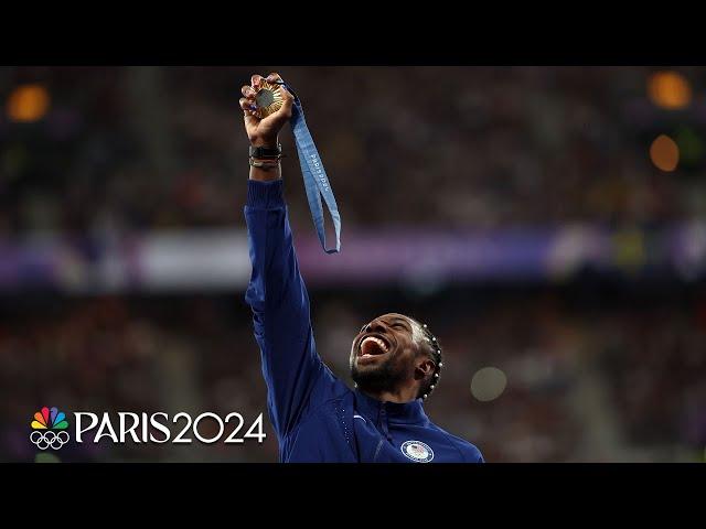 Noah Lyles' first gold: Watch men's 100m medals get awarded in Paris | Paris Olympics | NBC Sports