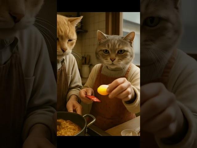 라면을 끓이는 할아버지 고양이, 옆에서 도와주는 할머니 고양이 #short