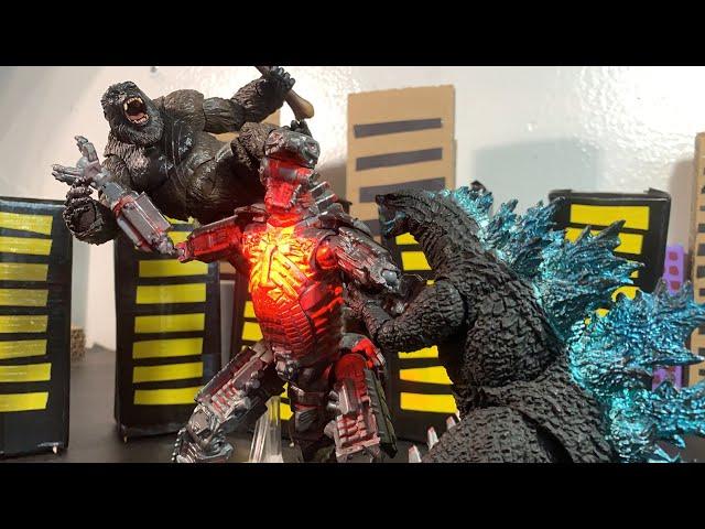 Godzilla vs Kong vs Mecha Godzilla an epic battle stop motion remake