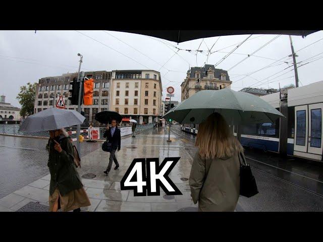 ⁴ᴷ  GENEVA walking in the rain ️ Streets and shops, Switzerland 4K