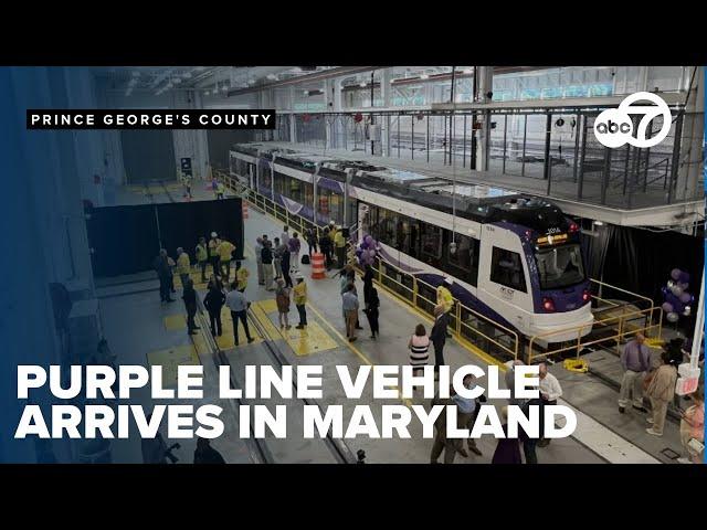 First Purple Line light rail vehicle arrives in Prince George's County, Maryland