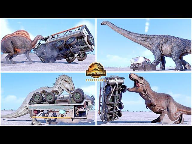 Truck Tour Attack Animations of All Dinosaurs  Jurassic World Evolution 2 - JWE2 Vehicle Aggression