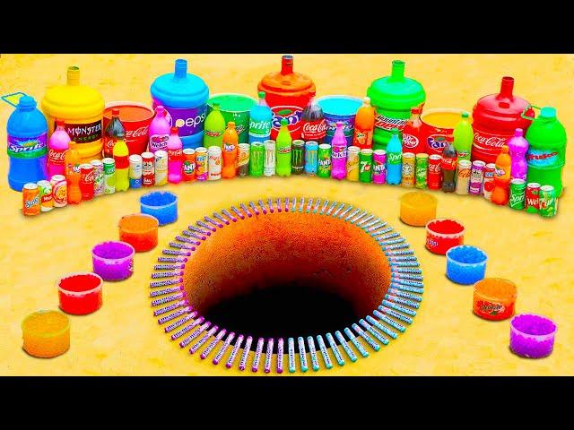 Experiment Rainbow Orbeez, Giant Coca Cola & Different Fanta, Monster, Sodas and Mentos Underground