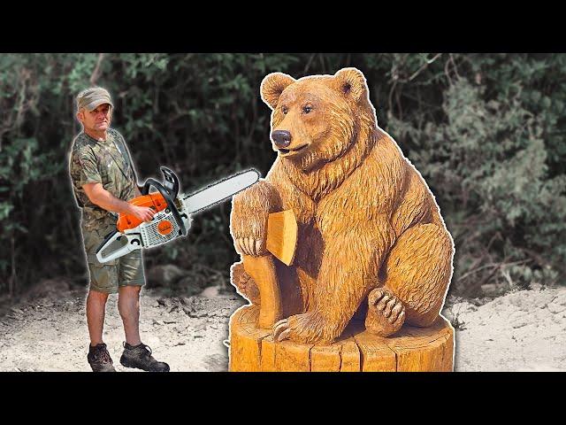 REAL SIZE WOODEN BEAR with Ax,  Amazing Chainsaw Wood Carving | Vlad Carving