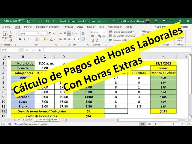 Cálculos de Pagos de Horas Laborales con Horas Extras con Excel - (Plantilla Descargable)