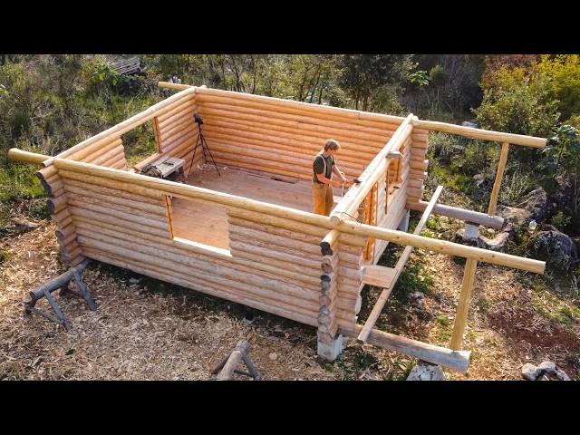 I Finished The Off Grid Log Cabin Walls With Hand Tools & Building Porch Columns | EP17