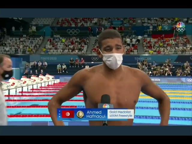 Interview  du Tunisien Ahmed Hafnaoui après sa médaille d'or olympique 400m Natation