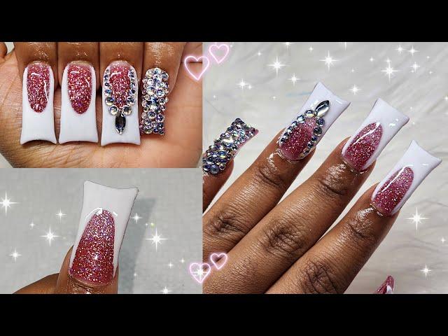 PINK AND WHITE BLING FRENCH TIPS | DUCK NAILS | POLYGEL NAIL TUTORIAL