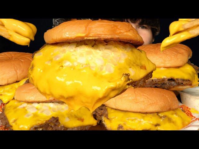 ASMR MUKBANG DOUBLE CHEESE BURGERS & FRENCH FRIES | WITH CHEESE SAUCE