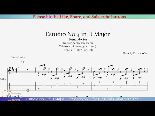 Estudio No.4 in D Major - Fernando Sor - for Classical Guitar with Tab