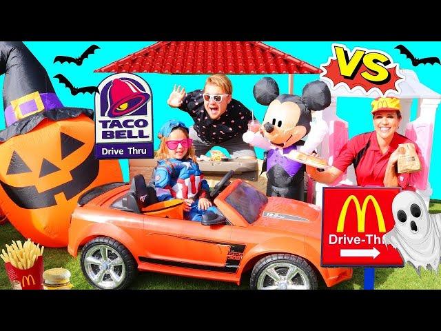 McDonalds DRIVE THRU Prank Halloween Trick Or Treat Taco Bell & Candy Kids Driving Power Wheels Cars