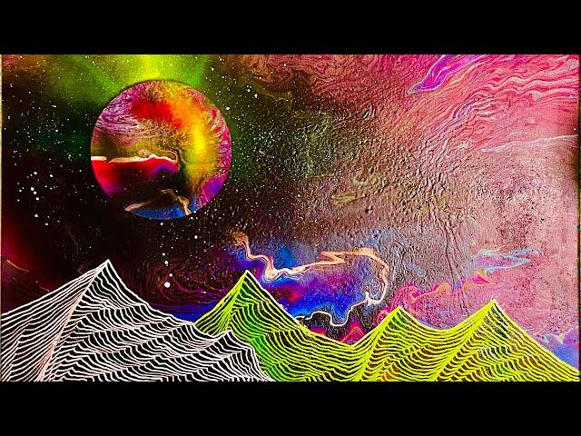 Stunning planet and line art mountains galaxy original art by Nick Metcalf paint pour