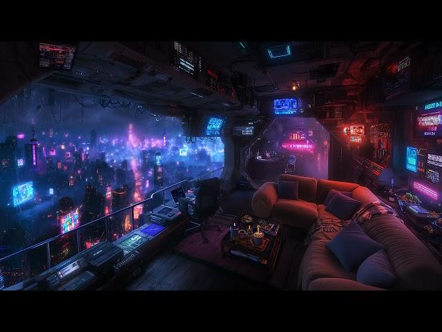  Chill Cybernetic Terrace: Rain and Ambient Music | Cyberpunk Bedroom over the City | 4K | 10 hours