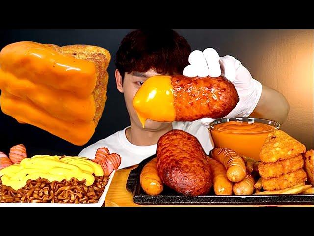 ASMR 불닭마요에 빠진 대왕햄 치즈짜장라면 삼각해쉬브라운 양념감자 먹방 Cheese Black Bean Noodles With Big Size Ham Sausage MuKbang