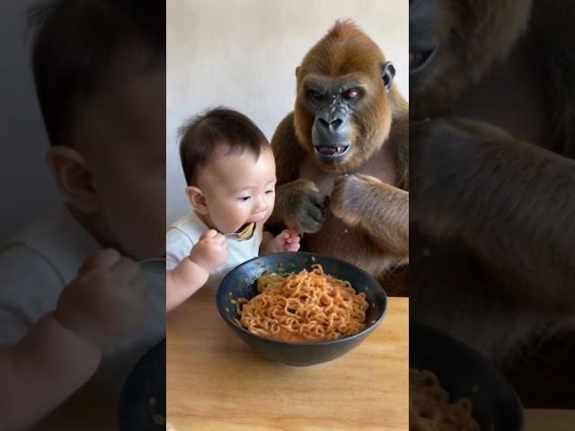 Baby and gorilla share fried noodles. #cute #lovely #love #gorilla #baby #animals#shorts