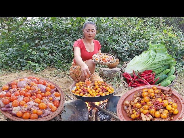 Yummy! Cluster egg cooking - Chicken egg braised spicy with Fresh vegetable - Solo cooking in forest