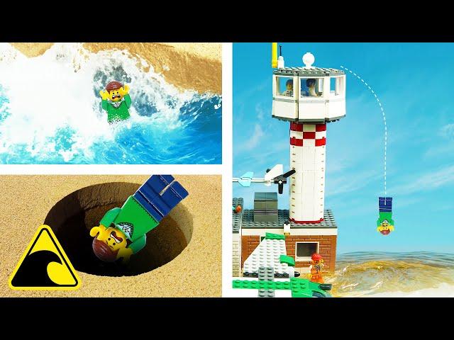 Many Deaths of 'OH NO' Guy - Wave Machine VS LEGO Minifigure - Lego Tsunami Dam Breach Experiments