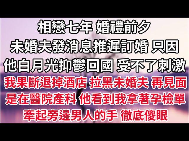 相戀七年，婚禮前夕，未婚夫發消息推遲訂婚，只因他白月光抑鬱回國，受不了刺激。我果斷退掉酒店，拉黑未婚夫。再見面是在醫院產科，他看到我拿著孕檢單牽起旁邊男人的手，徹底傻眼【爽文】【愛情】【豪門】