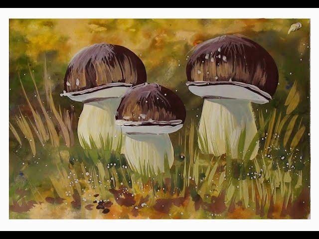 How to draw BEAUTIFUL WHITE MUSHROOMS with paints, gouache. Step by step drawing for beginners.