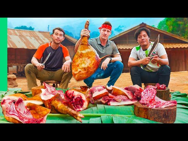 Hmong Army Cooks Huge Jungle Pig and RATS!! Laos Village Food!!