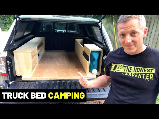 TRUCK BED CAMPING SETUP! (Tacoma truck bed camping conversion--$65 materials! DIY Storage Build)