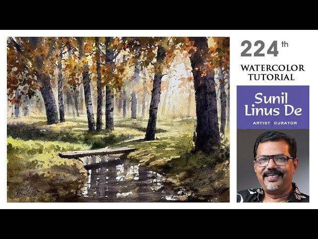 How to draw watercolor painting Maple leaves at sunrise | Landscape painting | Sunil Linus De