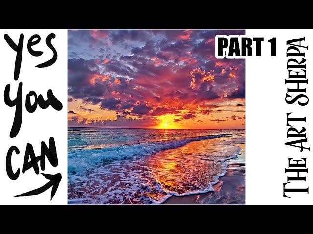 Stunning ocean Sunset clouds beach  How to paint acrylics for beginners: Part 1