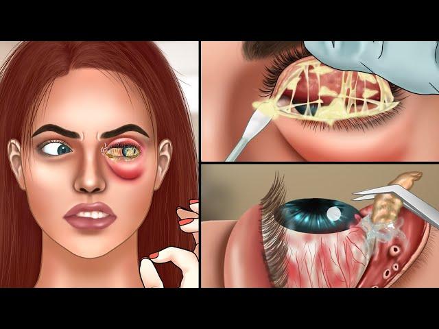 ASMR Remove botfly maggots found inside farmer girl's eye | Removal animation