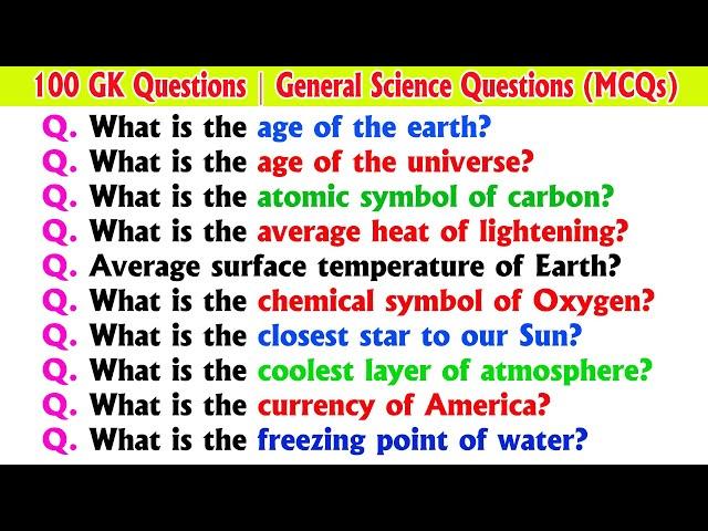 100 GK Questions | GK Quiz | General Science Questions (MCQs) for Competitive Exam | GK Questions