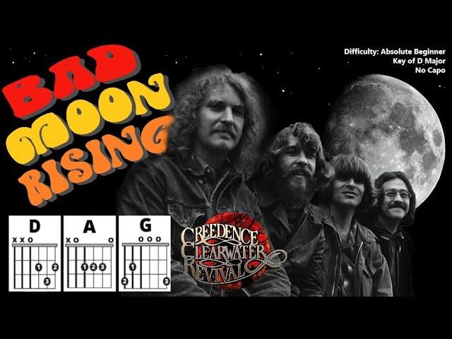 BAD MOON RISING {NO CAPO} by CCR (Absolute Beginner Guitar Chord, TAB, & Strum Play-Along w/ Lyrics)