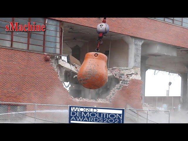 Extreme Dangerous Building Demolition Skills,  Building Gets Demolished By Crane Wrecking Ball