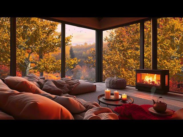 Cozy Forest Balcony with Crackling Fireplace and Relaxing Nature Sounds for Stress Relief