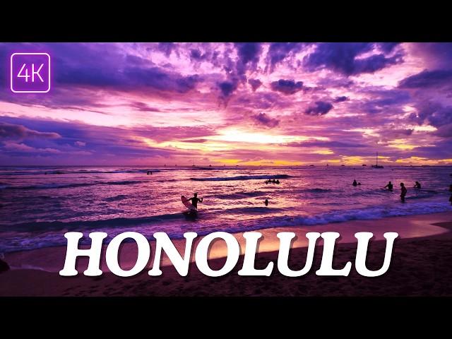 Honolulu Sunset Walking Tour | Waikiki Hawaii Beach Walk | 4K/60FPS