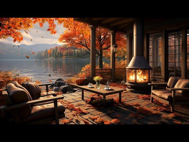 Cozy Autumn Coffee Shop Ambience  Warm Jazz Instrumental Music & Crackling Fireplace for Relaxing