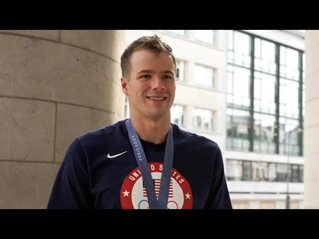 Swimmer Nic Fink gives interview after winning silver in 2024 Paris Olympics