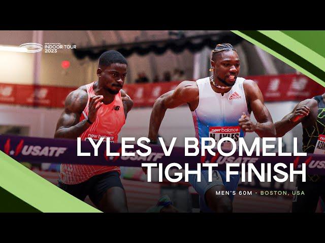 Noah Lyles  beats Trayvon Bromell on the finish line of the men's 60m  | World Indoor Tour 2023