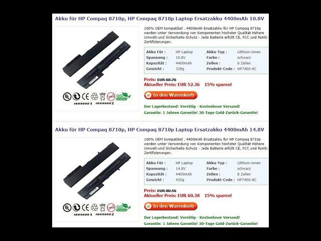 Akku für HP Compaq 8710p, HP Compaq 8710p Laptop Ersatzakku