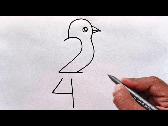 How to draw cute bird from number 24 | easy bird drawing for beginners | number drawing