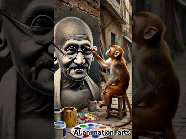 Ai shorts video # monkey Painting. Mahatma gandhi portrait on wall# monkey kinds ai #