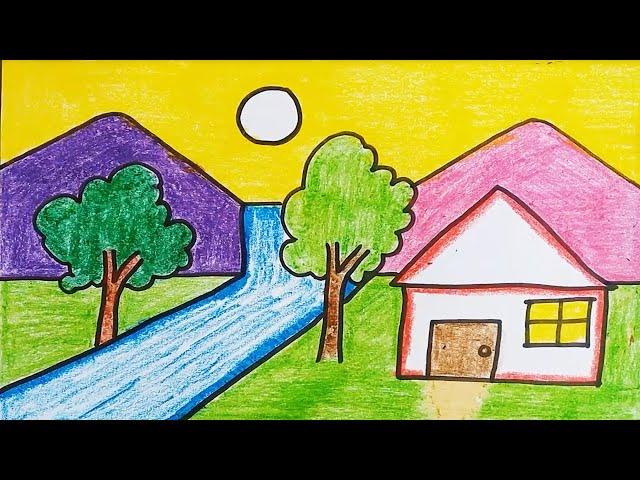 Easy landscape drawing for kids and beginners | Learn house and nature simple painting