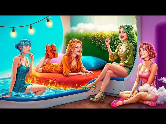 Four Elements Build a Bunk Bed! Fire Girl, Water Girl, Air Girl and Earth Girl