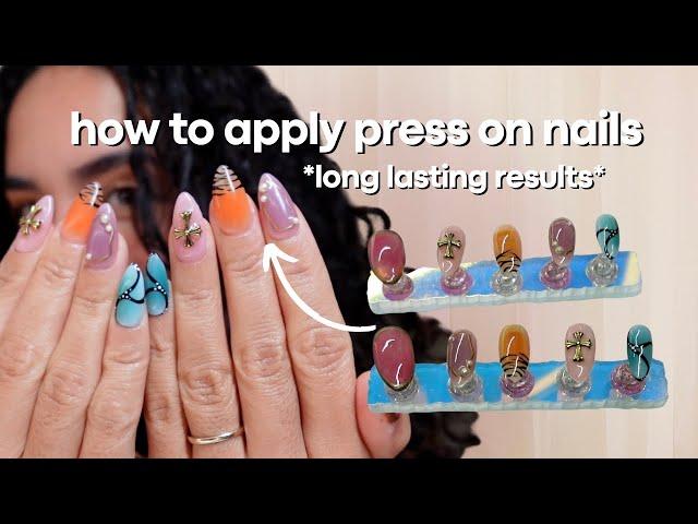 HOW TO APPLY PRESS ON NAILS *so they last long* (3-4 + weeks) | press on nail tutorial