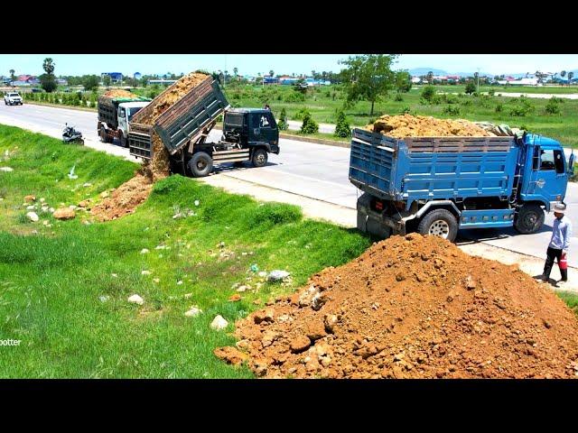 Excellent Technique Dump truck unloading soil/ Skill operator Bulldozer Working push Soil filling up