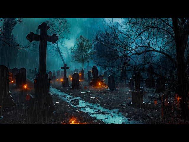 Haunted Cemetery on A Stormy Night with Heavy Rain, Thunder Sounds, Crows and Wolves Howling